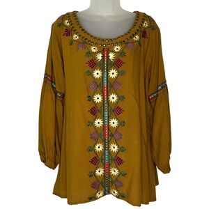 ANGEL HEART 1X Embroidery Boho Balloon Sleeve Studded Mustard Yellow Western Top